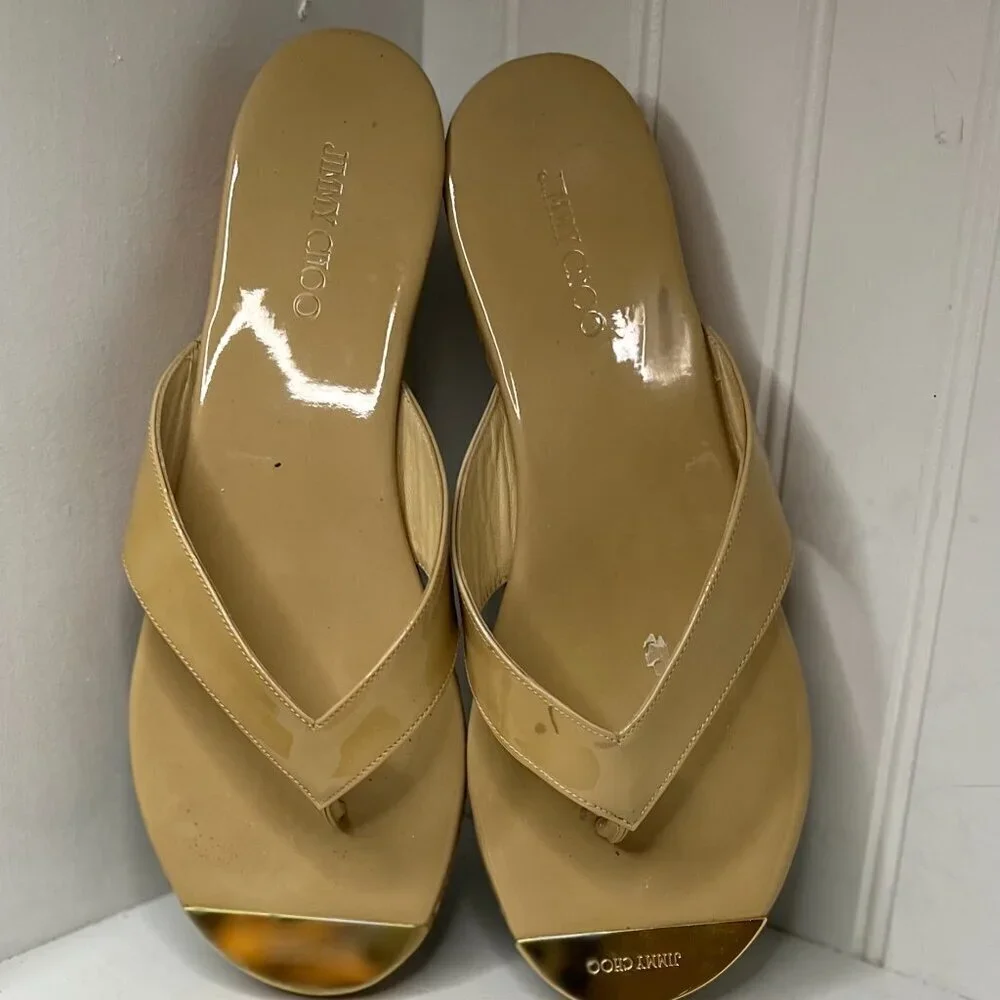 Jimmy Choo Beige Patent Cork Wedge Flip Flops - Picture 6 of 9